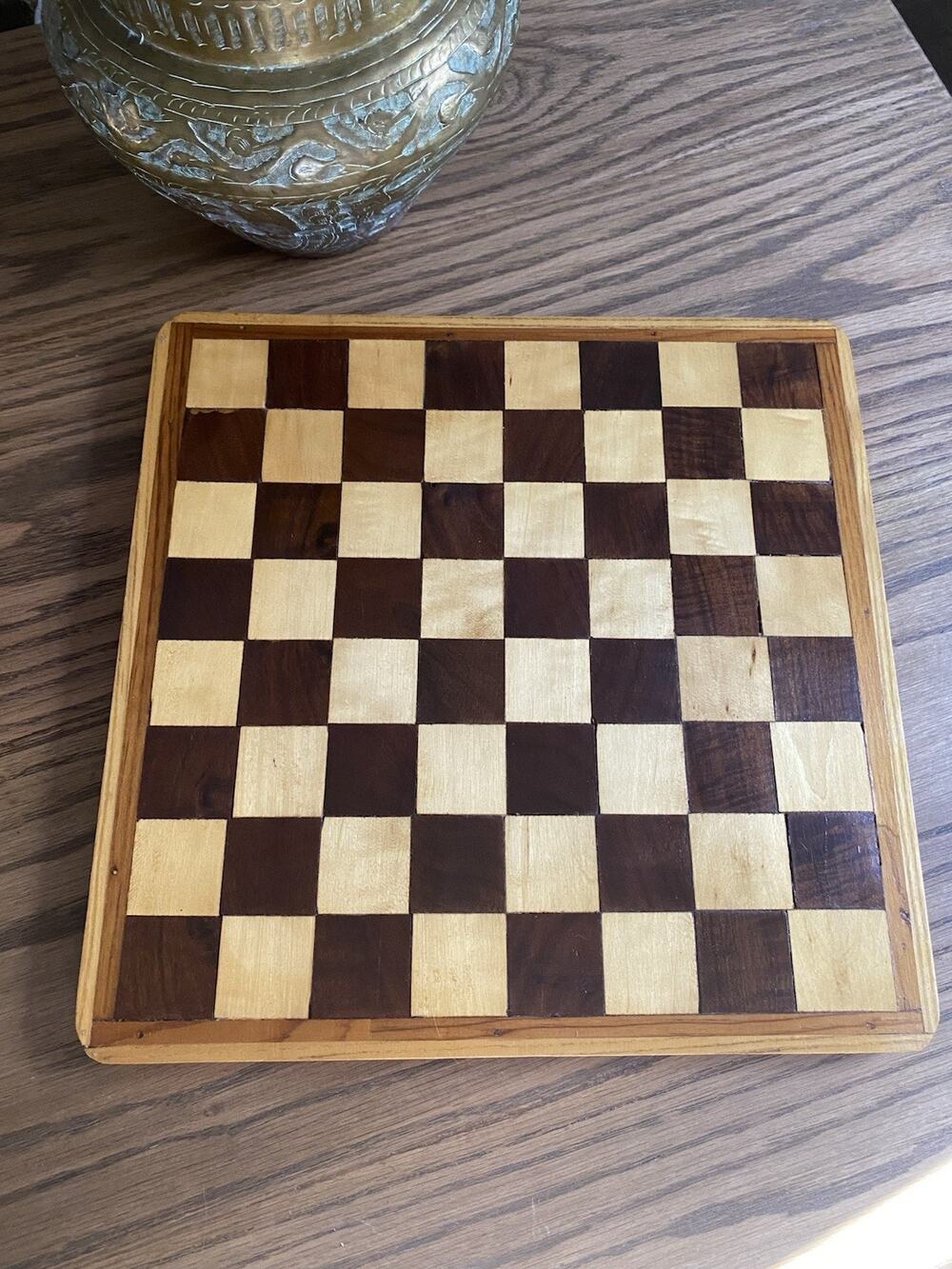 Vintage Handmade Solid Wood Chess Board 13” Handcrafted Wooden Chess Board
